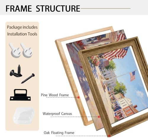 American Flag Framed Canvas Wall Art, 4th of July Patriotic Canvas Prints | USA Flag with Small Town Street Poster Print, Independence Day Wall Decor for Bedroom Living Room 24×36in