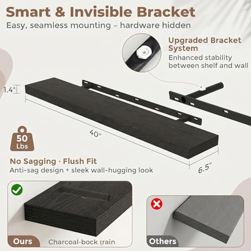 FLYJOE 40 Inch Floating Shelves for Wall Set of 2, 6.5" D Wood Grain Bathroom Shelves with Invisible Brackets, Easy Install Engineered Wood Storage Shelves for Kitchen, Living Room, Bedroom