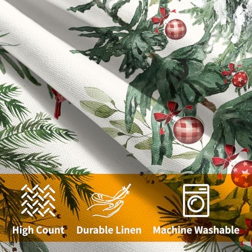 Green Christmas Tree Throw Pillow Covers 24x24 Inch Set of 2 Winter Pine Trees Red Berry Bells Birds Decorative Pillowcase Xmas Holiday Cotton Linen Cushion Cover for Home Sofa Couch Patio