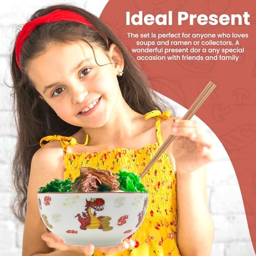 XWORLD Japanese Ceramic Ramen Noodle Bowls Set with Ceramic Spoon, Bamboo Chopsticks, Lid & Trivet, Serving Capacity of 20 OZ, Microwavable Oven Safety (2.75” x 5.75” D) (Dragon and money)