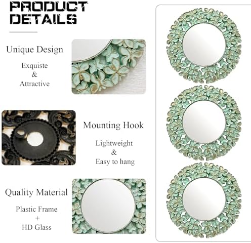 DXYAKY 3 Pack Floral Ornate Decorative Wall Mirror - Elegant Mint Green with Gold Accents, 9.8" Plastic Round Mirror Set, Lightweight Wall Art Décor for Bedroom, Bathroom, Living Room & Entryway
