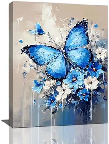 Crekviy Blue Butterfly Flower Wall Art Vintage Butterfly Pictures Wall Decor Canvas Prints Painting Artwork Decoration Girls Gifts for Bedroom Bathroom Living Room Framed 12"x16"