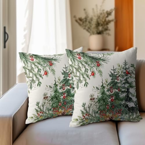 Green Christmas Tree Throw Pillow Covers 24x24 Inch Set of 2 Winter Pine Trees Red Berry Bells Birds Decorative Pillowcase Xmas Holiday Cotton Linen Cushion Cover for Home Sofa Couch Patio