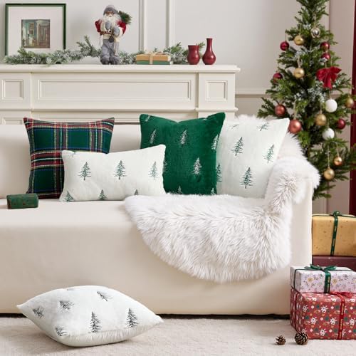 MIULEE Christmas Decorative Faux Fur Pillow Covers 16x16 Inch White Green