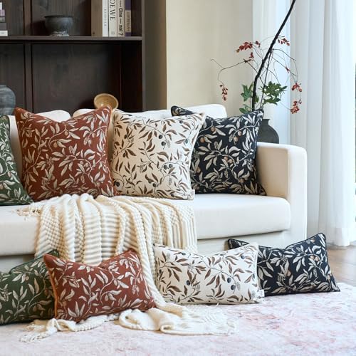 Alerfa Black Floral Throw Pillow Cover 20 x 20 Inch Sqaure Luxury Decorative Pillow Cover for Couch Living Room Bedroom