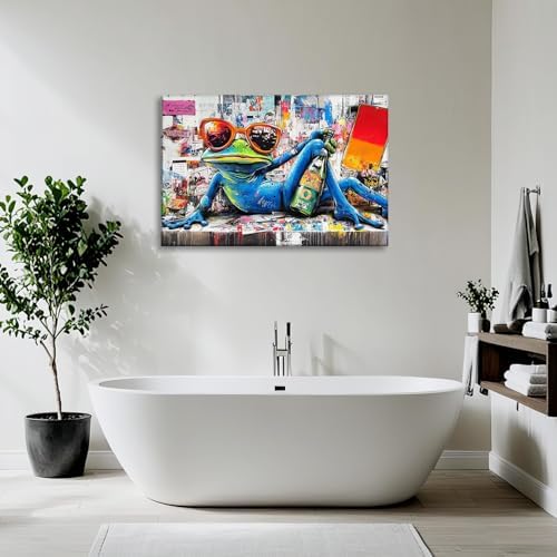 Frog Canvas Art Graffiti Picture Wall Decor Framed Funny Frog with Glasses Painting Modern Pop Prints for Living Room Bedroom Game Room Ready to Hang - 24.00"x36.00"