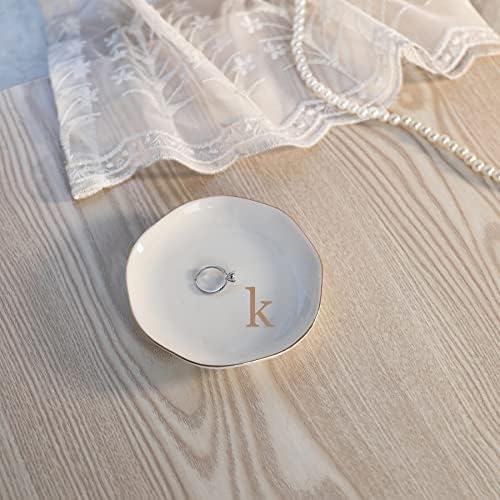 HOME SMILE Initials Ring Dish Jewery Tray with Personalized K-Monogrammed Engagement Wedding Gifts for Friends,Sister,Birthday Christmas Gifts for Women,Ceramic White