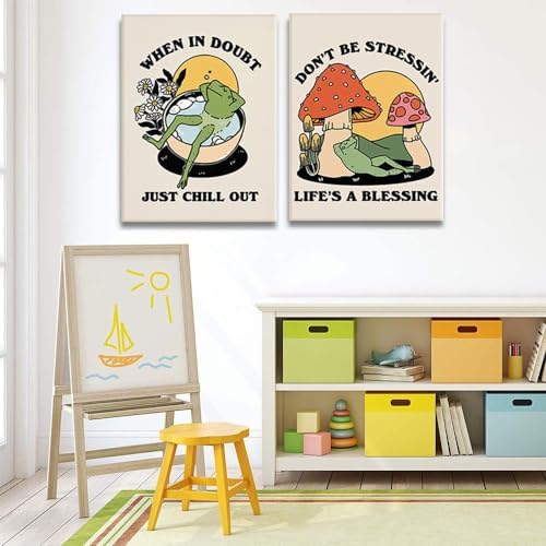 Retro Groovy Frog Mushroom Wall Art 70s Vintage Chill Quote Canvas Prints | Cute Animal Painting Cottagecore Positive Cozy Picture Wall Decor for Bathroom Bedroom Ready to Hang 12x16Inches
