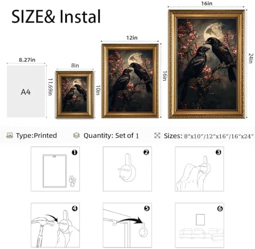 Gold Framed Gothic Raven Wall Art Dark Academia Canvas Art Prints | Vintage Crow Cherry Blossom Paintings Moody Full Moon Pictures Wall Decor Artwork for Living Room Bedroom 8x10in