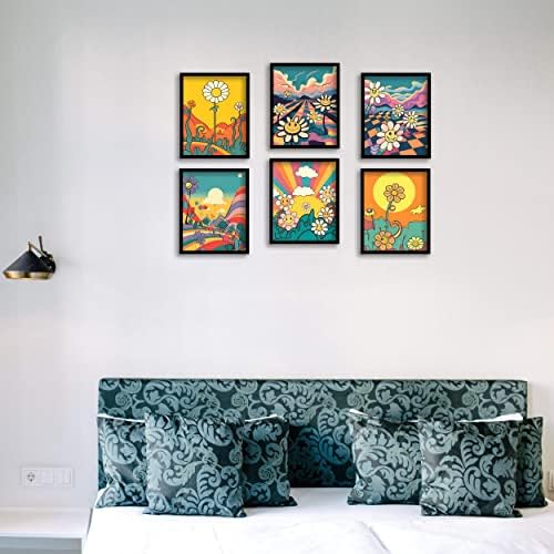 Hippie Wall Art Retro Wall Decor Prints Set of 6 Hippie Flower Canvas 60s 70s Vintage Posters Abstract Minimalist Inspirational Happy Face,Good day,Earth Day Photos Boho Positive Pictures for Living room Bedroom (D, 11"x14" UNFRAMED)