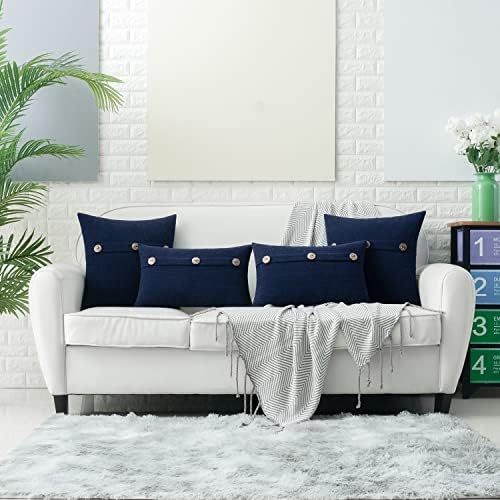 HWY 50 Navy Blue Chenille Throw Pillow Covers 18x18 Inch Buttons Pack of 2