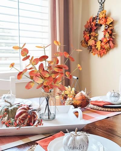 Bessol Fall Artificial Eucalyptus Stems in Glass Vase with Faux Water 14" Autumn Eucalyptus Branches Fall Home Table Decor Fake Fall Plants Stems for Farmhouse Kitchen Bathroom Decorations