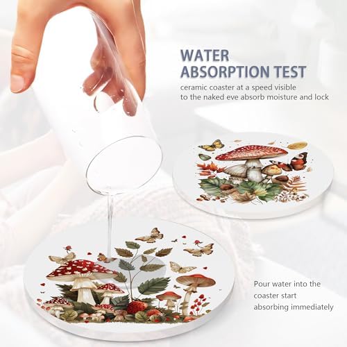 Drink Coasters Set of 6 with Holder, Mushroom Butterfly Absorbent Ceramic Drink Coaster for Tabletop Protection,Suitable for Kinds of Cups,Drinks Coasters for Home Office Decoration(4 Inches)