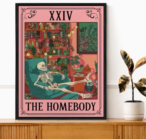 Spooky Framed Wall Art the Homebody Tarot Card Poster Wall Decor | Sarcastic Skeleton Print Painting for Home Office Living Room Bedroom Decoration 11.5x15 Inches