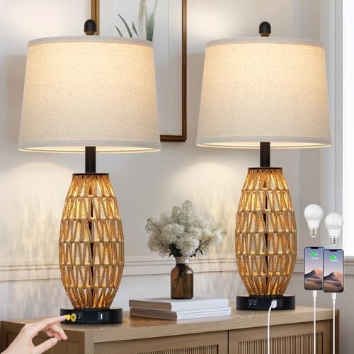 CINSARY 27" Rattan Table Lamps Set of 2, Boho Bedside Lamp for Bedroom with Night Light, Coastal Woven Wicker Nightstand Lamps with USB A+C Charging Port, Tall Farmhouse Living Room Lamp