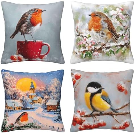 Winter Bird Throw Pillow Covers Set of 4 Decorative Soft Double Sided Print Pillow Case Farmhouse Home Decor for Living Room Sofa Couch 18x18