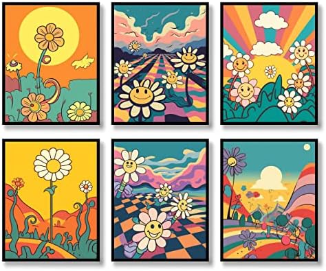 Hippie Wall Art Retro Wall Decor Prints Set of 6 Hippie Flower Canvas 60s 70s Vintage Posters Abstract Minimalist Inspirational Happy Face,Good day,Earth Day Photos Boho Positive Pictures for Living room Bedroom (D, 11"x14" UNFRAMED)