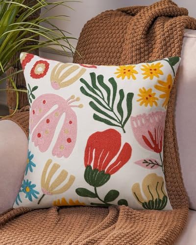 Embroidered Floral Boho Throw Pillow Cover 18x18 Inch - Decorative Cotton Pillow Case for Couch, Sofa, Bedroom, Living Room - Farmhouse Home Aesthetic Housewarming Gifts (Mixed Floral, 18" x 18")