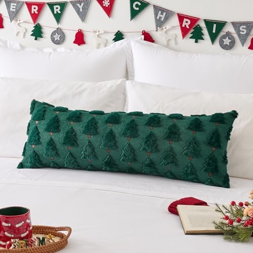 Kevin Textile Christmas Tree 14x36 Inch Long Lumbar 1 Pack Luxury Embroidery Soft Plush Faux Fur Rectangle Cushion Case for Couch Sofa Holiday Festivals Winter Xmas Gift, Dark Green