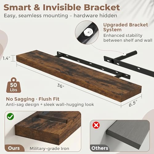 FLYJOE 36 Inch Floating Shelves for Wall Set of 2, 6.5" D Wood Grain Bathroom Shelves with Invisible Brackets, Easy Install Engineered Wood Storage Shelves for Kitchen, Living Room, Bedroom