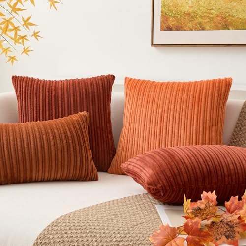 Kevin Textile Striped Corduroy 18”x18” Pillow Covers 2 Pack, Orange
