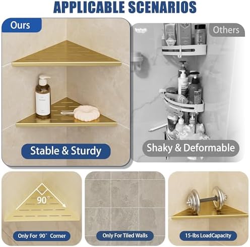 Neodrain 10 Inch Golden Corner Wall Shelf for Tile Wall Insert, Set of 2