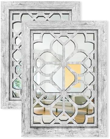 Set of 2 13x17 Inch Rectangular Shatterproof Decorative Wall Mirrors, Boho Farmhouse Rustic Vintage Grey Accent Mirrors for Living Room, Bedroom, Entryway & Home Wall Decor（Grey）