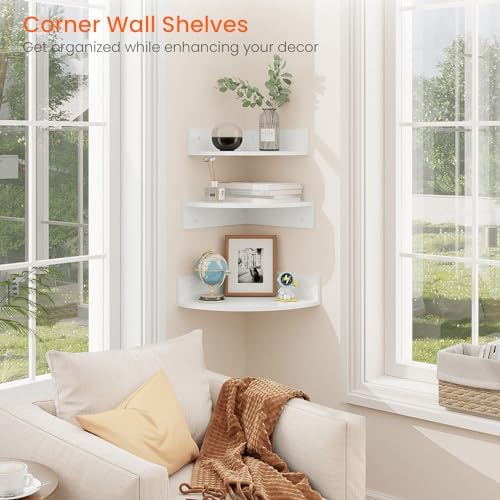 Homode Floating Corner Shelves, Set of 3 Wood Corner Wall Shelves with Wire Hole, 12 Inch Deep Hanging Corner Display Shelf for Living Room, Kitchen, Bedroom, White