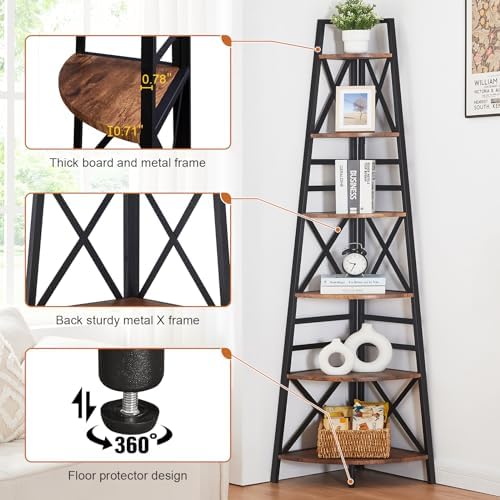 HOMBAZAAR 6 Tier Corner Shelf,74 Inch Tall Corner Bookshelf,Rustic Brown