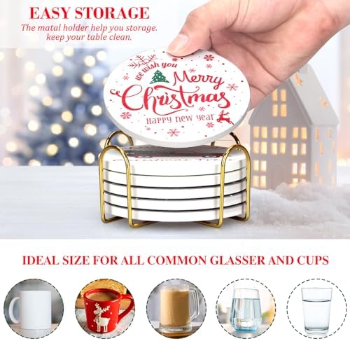 Ceramic Christmas Coasters Set of 6 Absorbent Drink Coaster with Holder