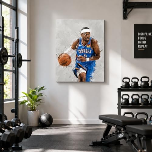 Shai Gilgeous-Alexander Basketball Canvas Wall Art, Sports Player Poster | Abstract splash ink athletic artwork, motivational sports wall decor for teen boys room, bedroom, living room, gym or office