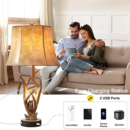 Dungoo 26" Rustic Antler Table Lamps Set of 2 for Bedroom with 2 USB Ports