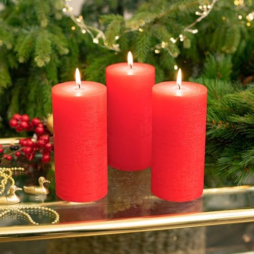 CANDWAX Large Pillar Candles 3x6 Inch – Set of 3 Unscented Dripless Red Candles, Rustic Design for Events, Weddings, Home Styling