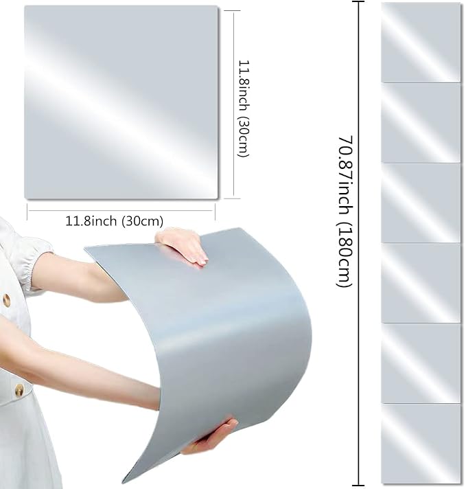 Acrylic Mirror Tiles, 12x12 in Shatterproof Wall Mirrors, 6 Pack | Flexible Acrylic, Adhesive Foam Tapes Included, for Bedroom Doors, Closets, Gym, Dorm, and DIY Wall Decor