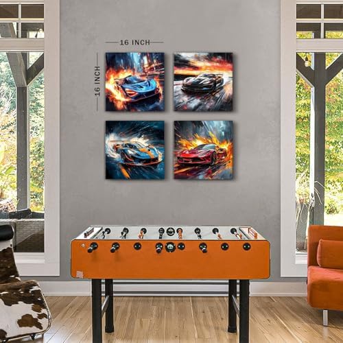 Abstract Lamborghini Car Wall Art Cool Sports Car Pictures Wall Decor for Men Cave Garage Bedroom Pop Ferrari Car Poster Street Landscape Painting Canvas Prints Game Office Home Decorations 16x16" 4P