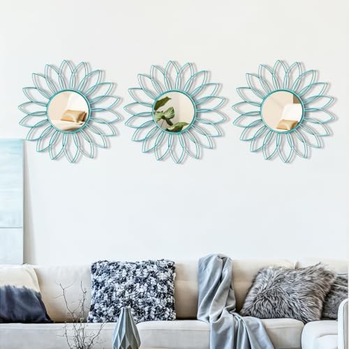 3 Pack Metal Mirrors for Wall Sunburst Wall Mirrors Home Décor Decorative Hanging Wall Art for Living Room Bedroom Entryway (Greenish Blue, Flowers)