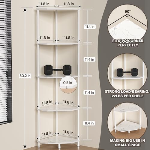5 Tier Corner Shelf Stand, 50.2", Marble White