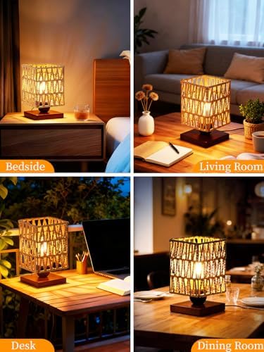 Boho Rattan Lamp for Bedroom,Small LED Bamboo Woven Lamps for Living Room