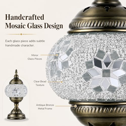 GOGERS Turkish Moroccan Table Lamp Lantern with Handmade Mosaic Glass Lampshade Tiffany Style Bohemian Stained Glass Decorative Desk Lamps Bedside Night Lights for Bedroom (White Fancy)