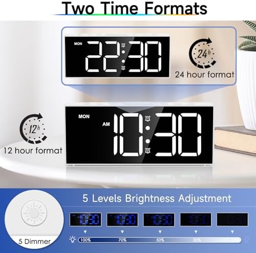 Alarm Clock with Large Display Big Numbers,5 Levels Brightness，Snooze,USB Charging Port,LED and Mirror Desk Clock,Dual Alarms Modern Electronic Clock for Bedroom Home Living Room Office. (White)