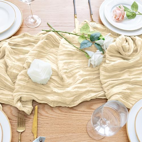 Wokceer Cheesecloth Table Runner Beige 10FT Boho Gauze Runner for Party