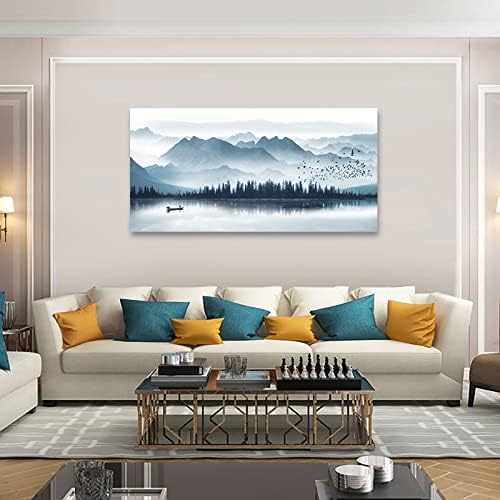 arteWOODS Indigo Canvas Wall Art - Misty Mountain & Foggy Lake Boat Painting - Grey Blue Forest Birds - 20" x 40" Canvas Wall Decor for Living Room