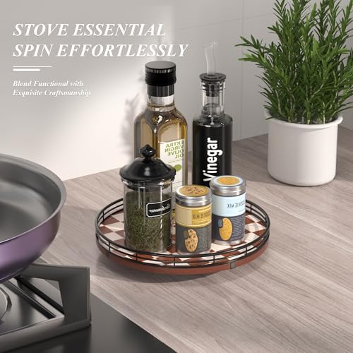 AMH 10-Inch Brown Checkerboard Lazy Susan Organizer with Black Metal Rail