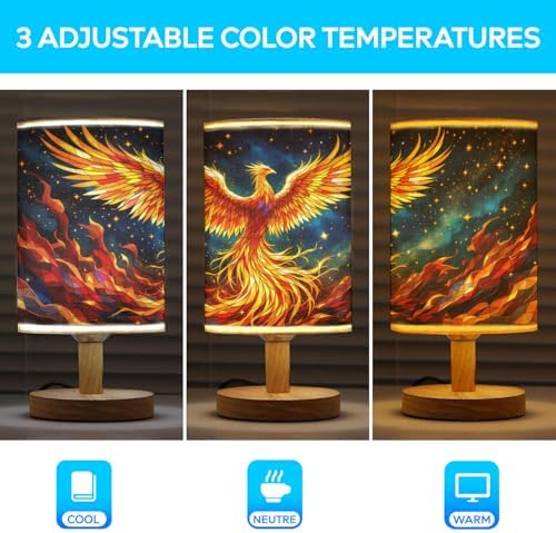 Phoenix Table Lamp LED 3-Color Pressed Bedside, Phoenix Shade Lamp with Wood Base for Bedroom Living Room Desk Office TL01