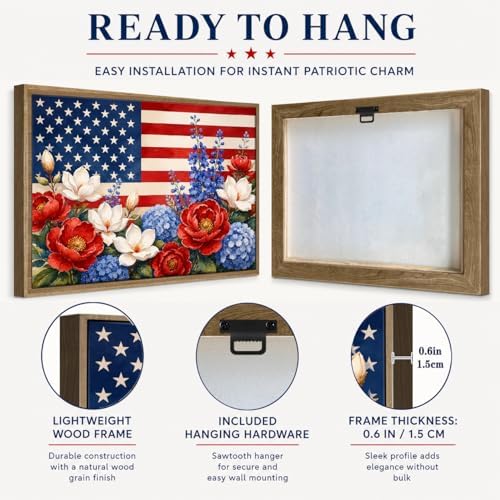 American Flag Framed Canvas Wall Art, 4th of July Floral Canvas Prints | Wildflower Landscape Poster Print, Vintage Rustic Independence Day Wall Decor for Bedroom Living Room Office 11×14in