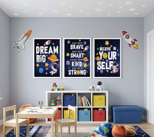 3Pcs Inspirational Space Astronaut Kids Poster Wall Art, Inspirational Quotes Painting Picture Wall Decor, Boys Positive Affirmative Poster Print Artwork for Playroom, Classroom, 16x24in Unframed