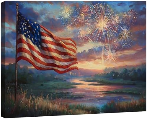 RIBNTAK 4th of July Canvas Art – Vibrant American Flag & Fireworks, Patriotic Wall Art for Independence Day, Perfect for Living Room, Office, Holiday Decorations and Inspirational Artwork
