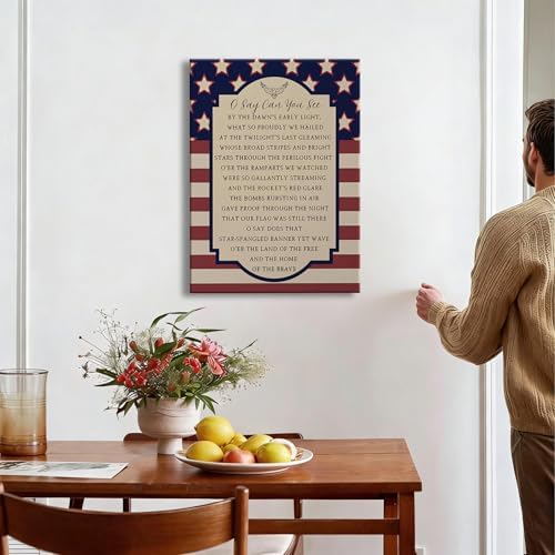 Patriotic O Say Can You See Wall Decor 16x24 In, Star Spangled Banner National Anthem Canvas Art, 4th of July Independence Day Framed Prints for Home & Office, Made in USA