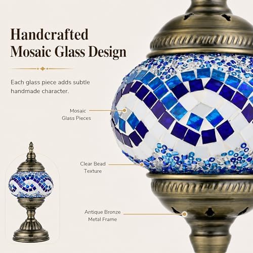 GOGERS Turkish Moroccan Table Lamp Lantern with Handmade Mosaic Glass Lampshade Tiffany Style Bohemian Stained Glass Decorative Desk Lamps Bedside Night Lights for Bedroom (White Multiple Blues)