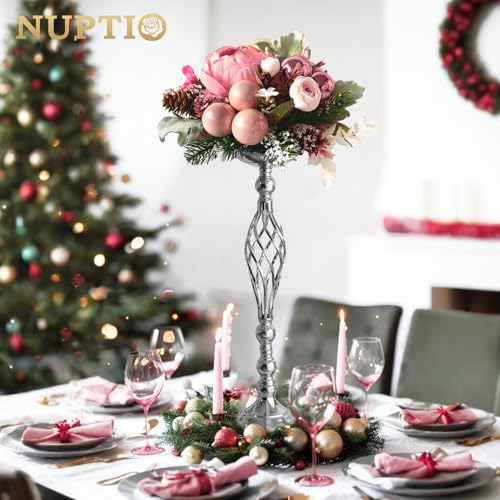 NUPTIO Silver Centerpiece Stand for Table, Twist Style, 22.8" Tall, 2 Pcs